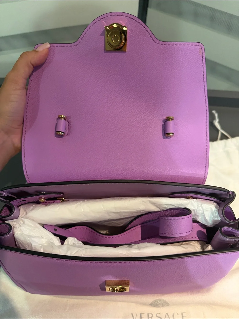 Versace Lavender Leather Top-Handle Bag with Medusa Emblem